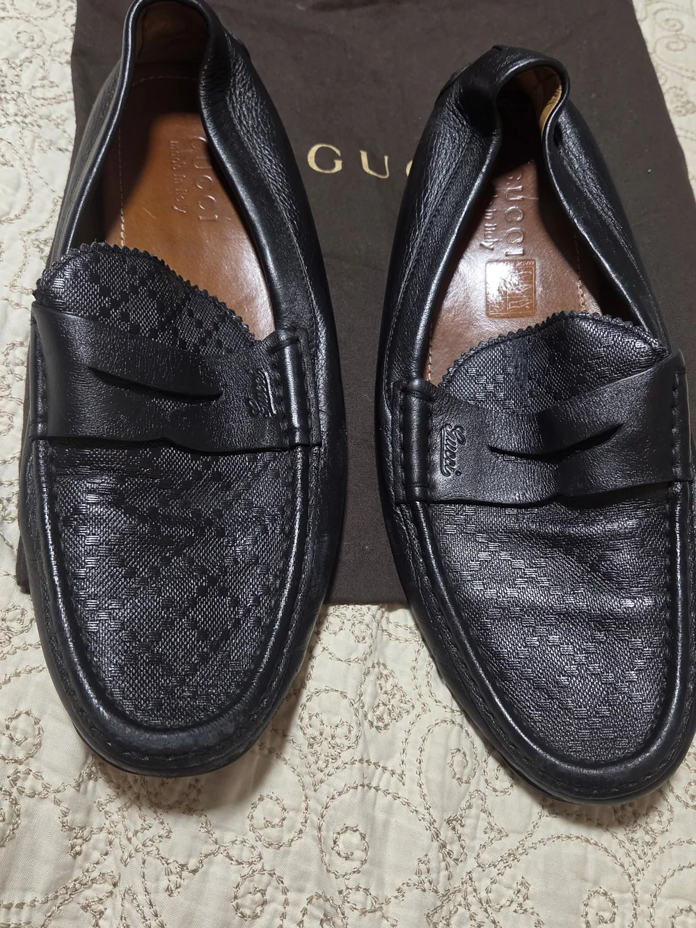 Authentic Gucci Men’s Black GG Leather Loafers Size 7.5 G Made in Italy